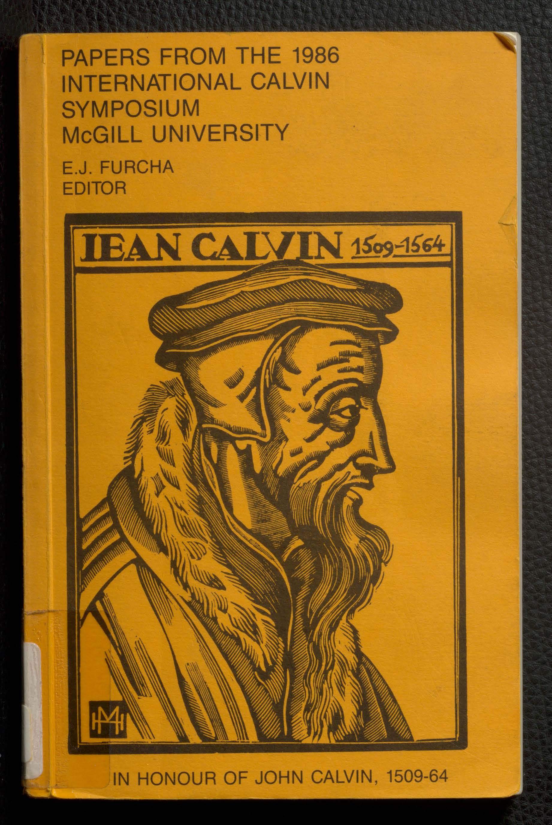 Drawing of John Calvin with orange background