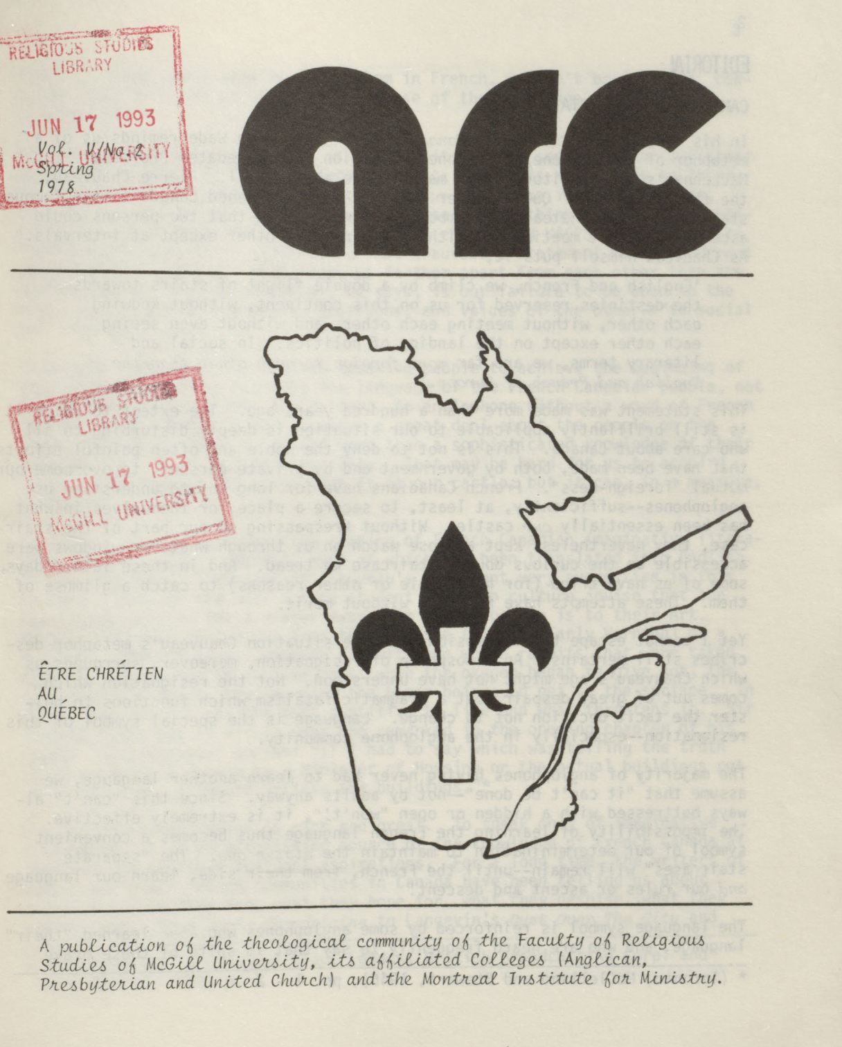 					Afficher Vol. 5 No. 2 (1978): Arc: Être chrétien au Québec
				